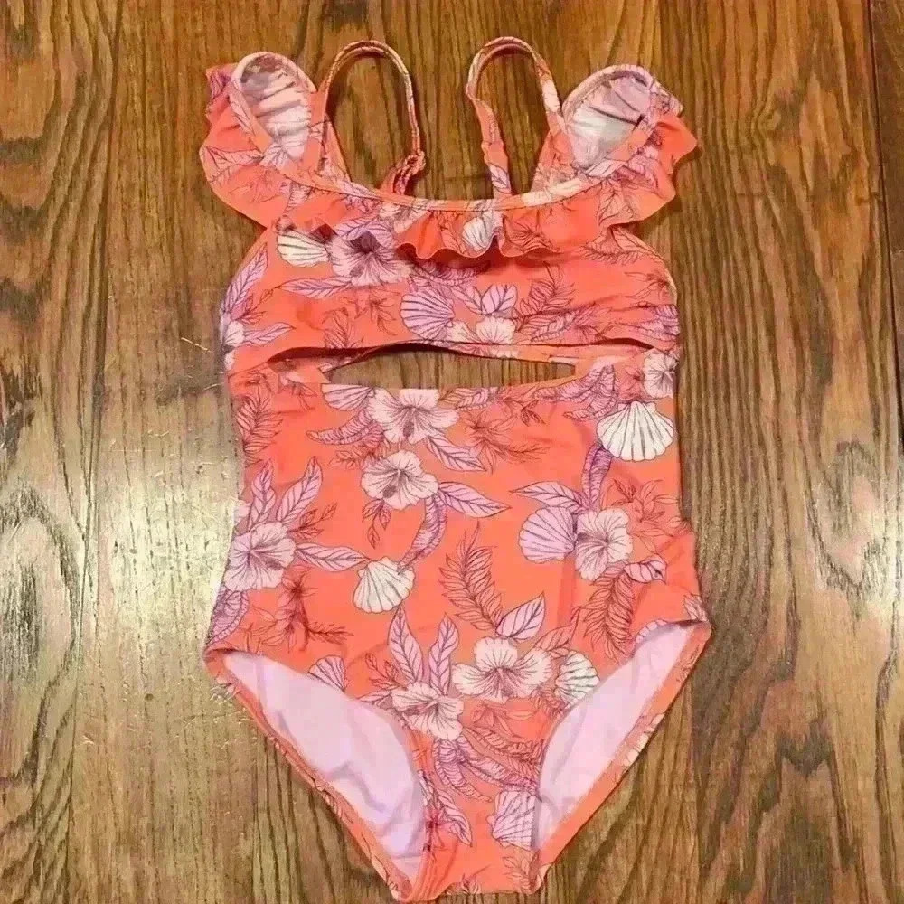Art Class One Piece Girls Swimsuit Size XS (4/5) Coral with Flowers